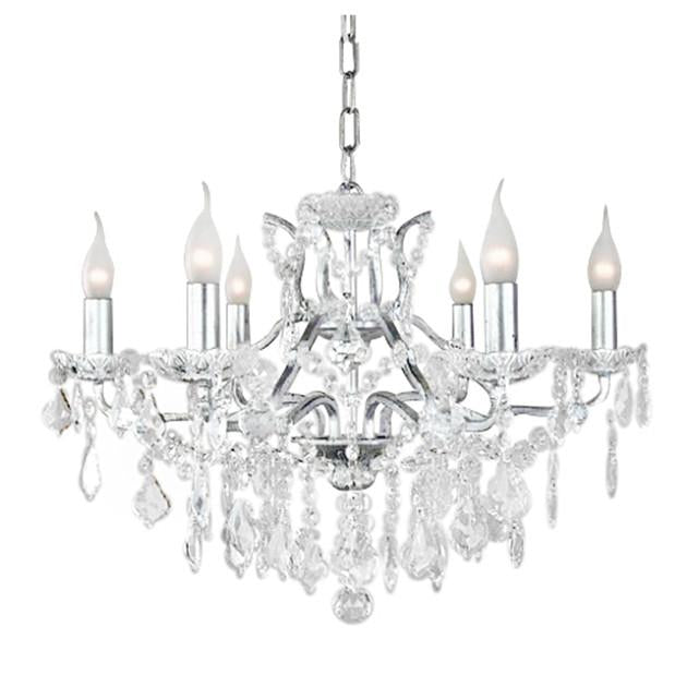 Six-arm brushed silver chandelier with crystal droplets and shallow basket design, suitable for low ceilings.