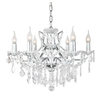Six-arm brushed silver chandelier with crystal droplets and shallow basket design, suitable for low ceilings.