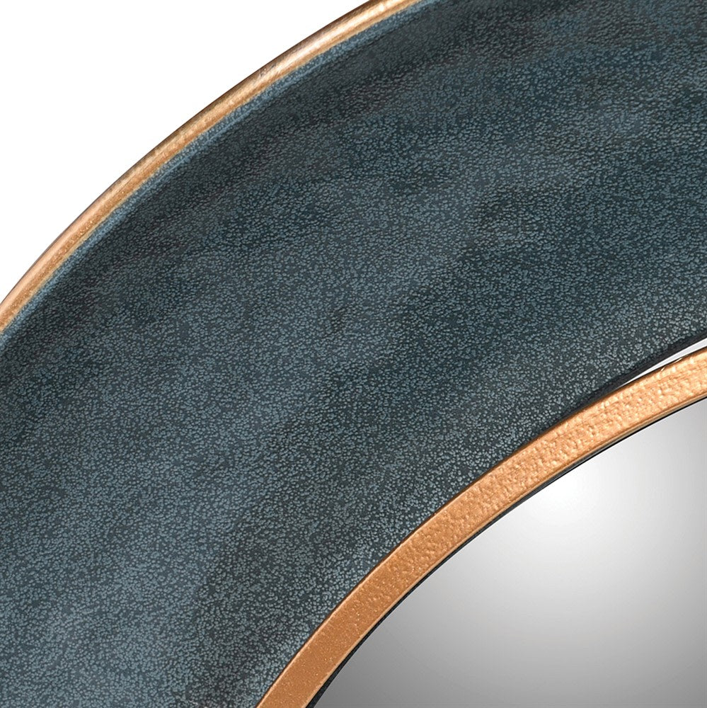 Teal circular mirror with gold metal detail