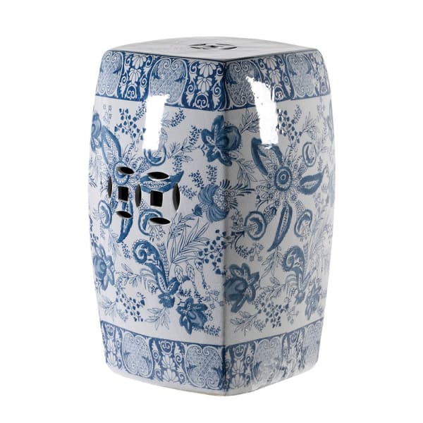 Faded blue and white ceramic stool, classic shape of an antique 'elephant' stool. Great country house or conservatory piece.