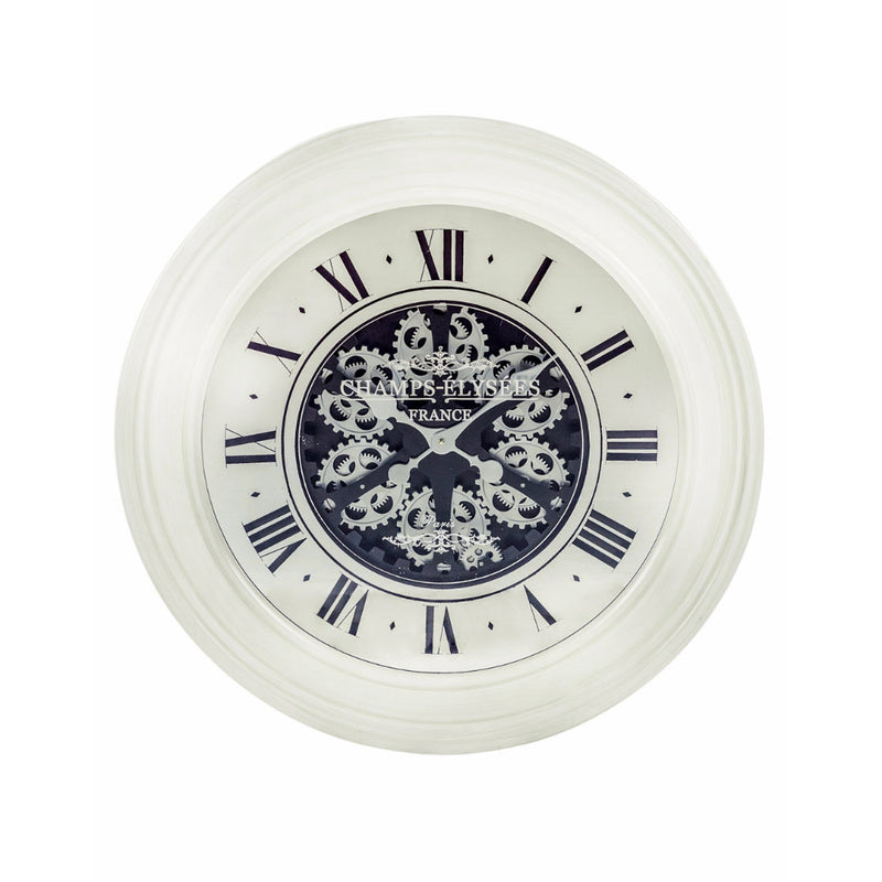 Moving cog clock in antique cream finish.