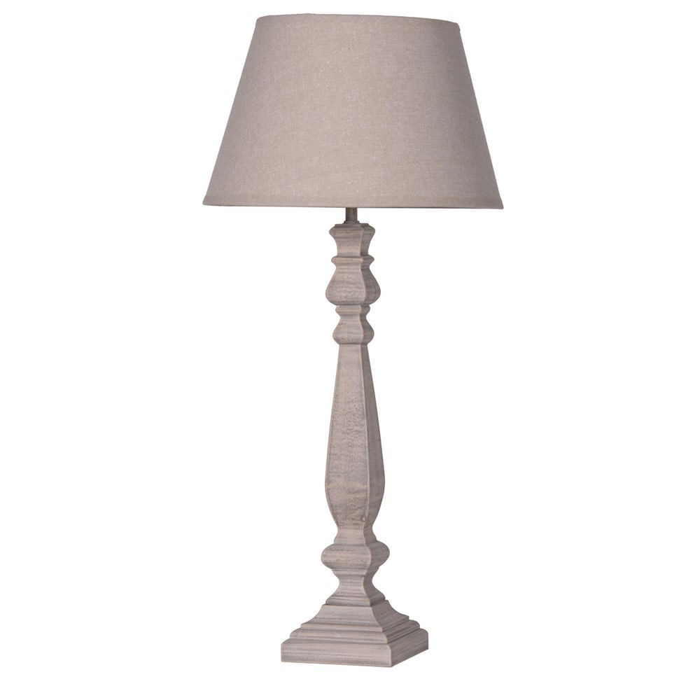 Pretty, turned wooden lampbase with a matching fabric shade, tall and slim enough to sit on the smallest of bedside tables. Classic bedside lighting. For a spare room or even to light a hall or living room.&nbsp;